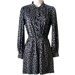 NWOT 100% Silk Knit Belted Mini Dress 6 Navy Teal White